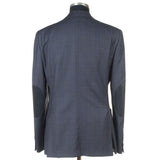 Castangia - 130 Wool Sport Coat Blue with Brown Plaid and Leather Patches - Sport Coat | Outlet & Sale