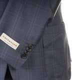 Castangia - 130 Wool Sport Coat Blue with Brown Plaid and Leather Patches - Sport Coat | Outlet & Sale