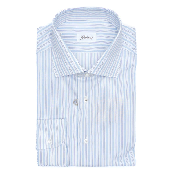 Brioni - Cotton Formal Dress Shirt Blue Stripes on White William Collar - Dress Shirt | Outlet & Sale