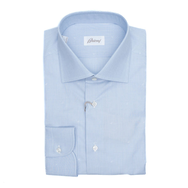 Brioni - Cotton Formal Dress Shirt Micro B Logo Blue Check William Collar - Dress Shirt | Outlet & Sale