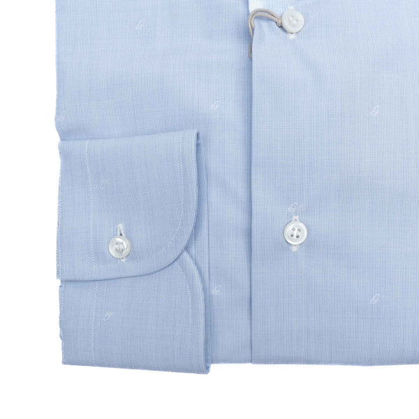 Brioni - Cotton Formal Dress Shirt Micro B Logo Blue Check William Collar - Dress Shirt | Outlet & Sale