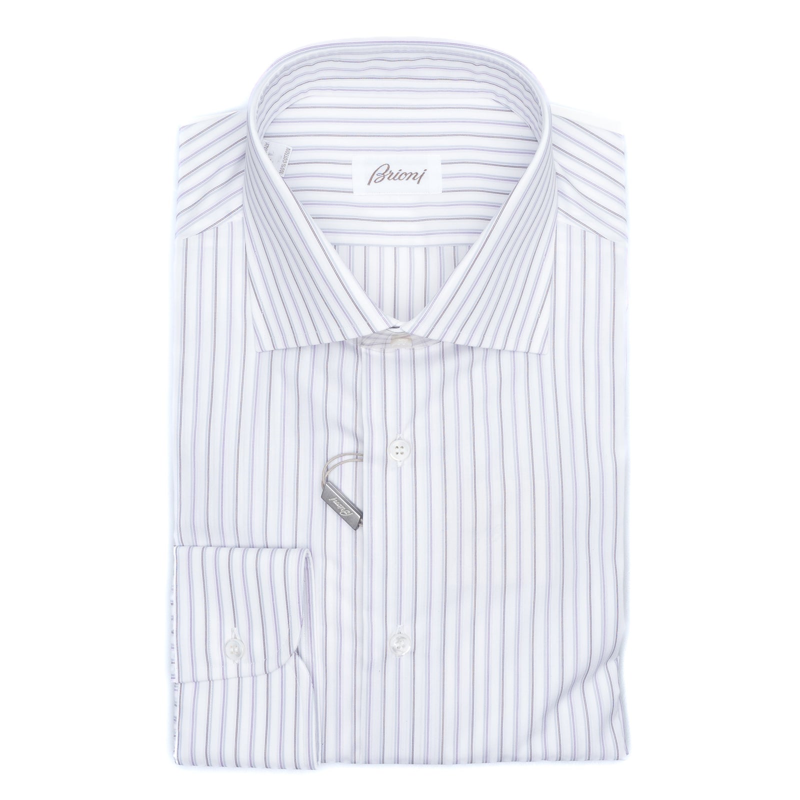 Brioni - Men's Cotton Formal Dress Shirt Purple/Black Stripes on White William Collar ᐅ €299 ✓ SALE