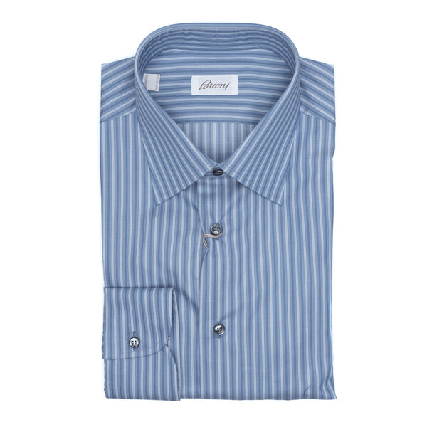 Brioni - Cotton GIZA 87 Formal Dress Shirt Blue White Striped Clark Collar - Dress Shirt | Outlet & Sale