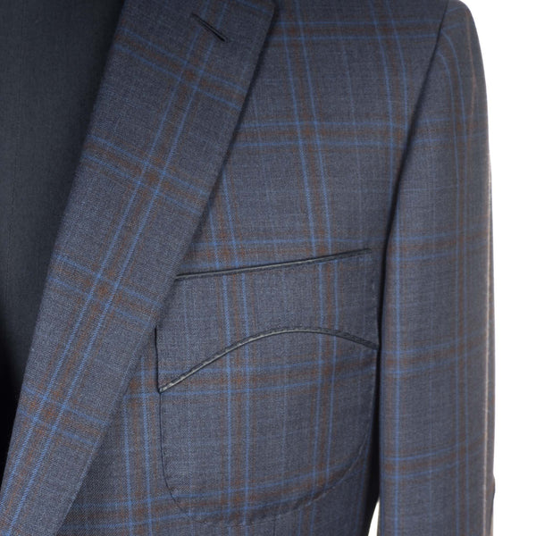Castangia - 130 Wool Sport Coat Blue with Brown Plaid and Leather Patches - Sport Coat | Outlet & Sale