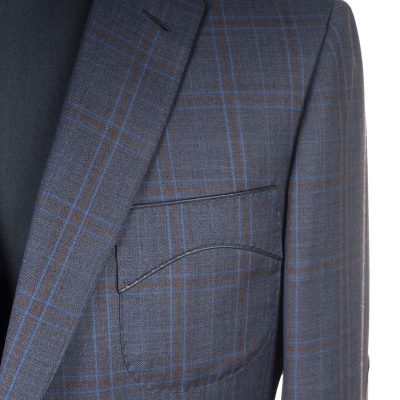Castangia - 130 Wool Sport Coat Blue with Brown Plaid and Leather Patches - Sport Coat | Outlet & Sale
