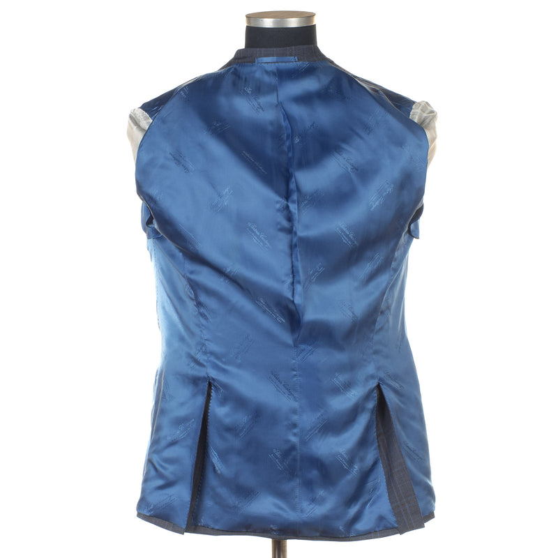 Castangia - 130 Wool Sport Coat Blue with Brown Plaid and Leather Patches - Sport Coat | Outlet & Sale