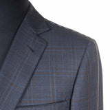 Castangia - 130 Wool Sport Coat Blue with Brown Plaid and Leather Patches - Sport Coat | Outlet & Sale
