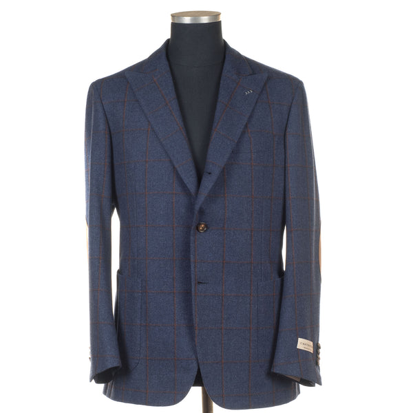 Castangia - Wool Sport Coat with Brown Plaid and Leather patches - Sport Coat | Outlet & Sale