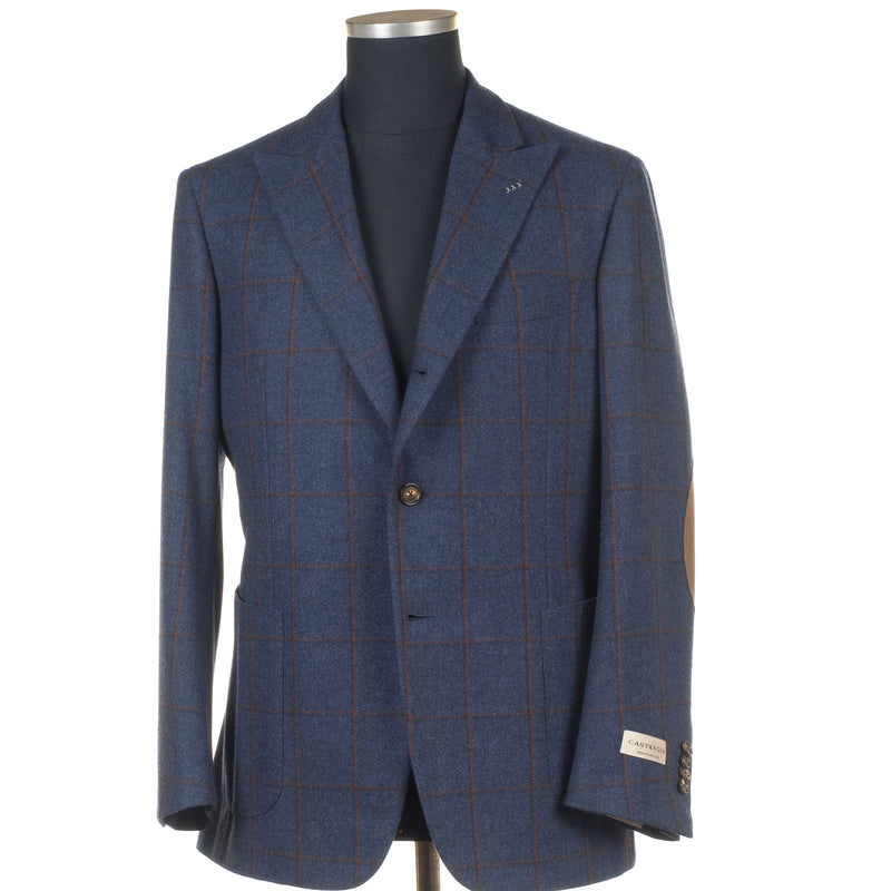 Castangia - Wool Sport Coat with Brown Plaid and Leather patches - Sport Coat | Outlet & Sale
