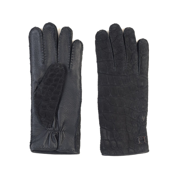 Hettabretz - Mid-gloves Nubuck Crocodile leather Cashmere lined with Logo - Gloves | Outlet & Sale