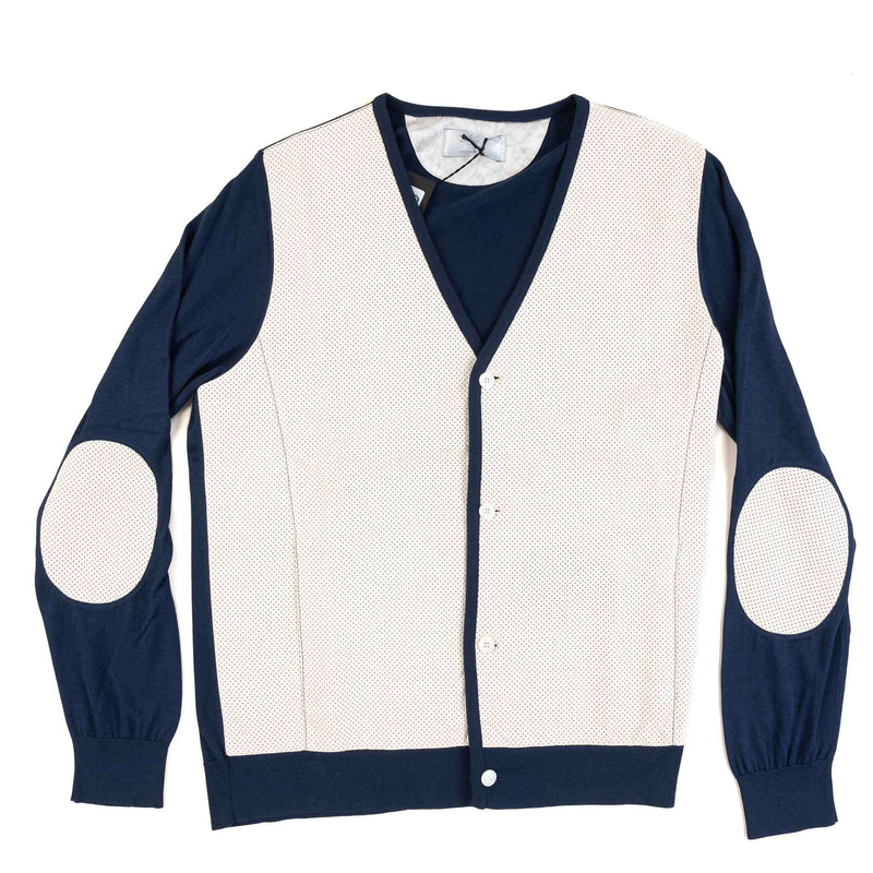 Hettabretz - Silk Cardigan Blue with Perforated Lambskin - Sweater | Outlet & Sale
