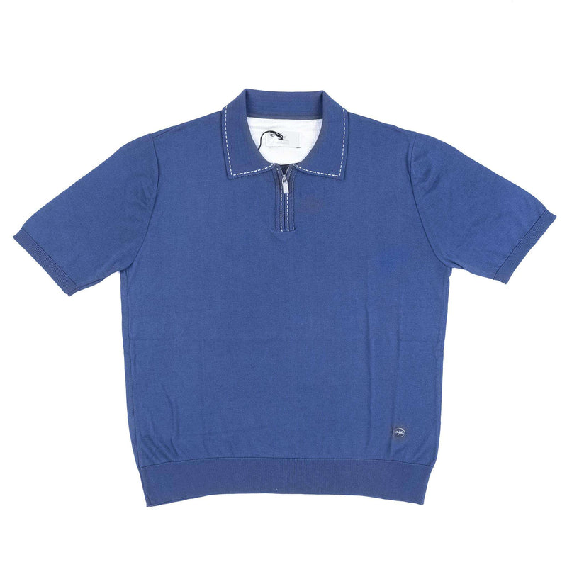 Hettabretz - Silk Polo Shirt Blue with White Contrast Stitch & Zipper - T-Shirt | Outlet & Sale