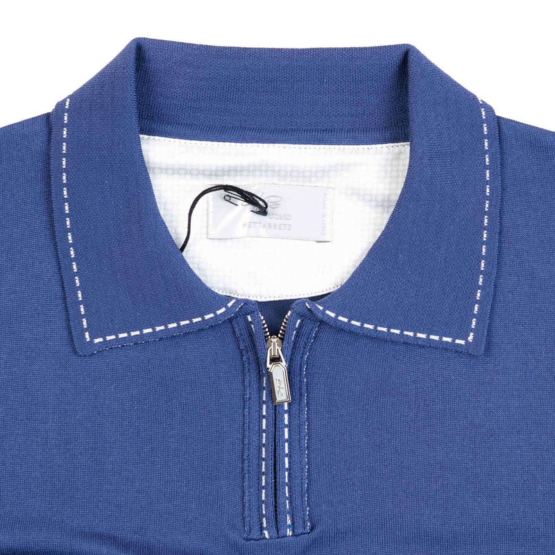 Hettabretz - Silk Polo Shirt Blue with White Contrast Stitch & Zipper - T-Shirt | Outlet & Sale